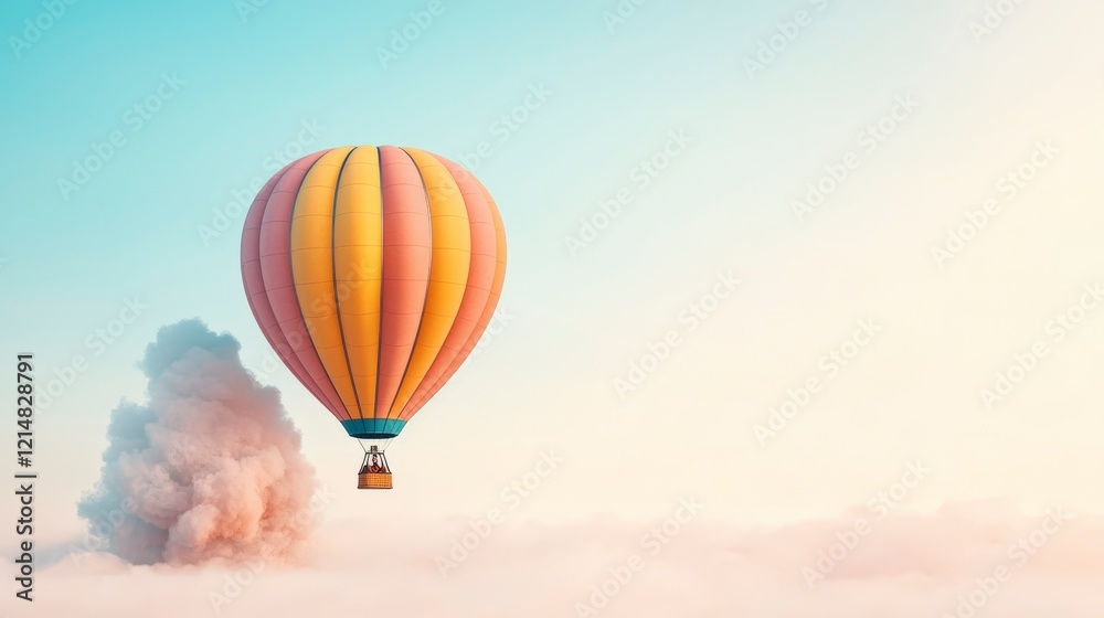 Fototapeta premium A vibrant hot air balloon soars gracefully through a clear sky, offering a breathtaking view of the clouds below. Perfect for adventure enthusiasts.