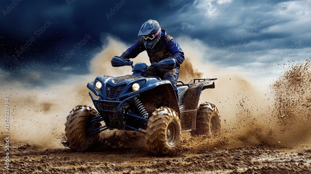 Adventurous person navigating muddy terrain on an ATV. Adventurous person navigating muddy terrain on an ATV.