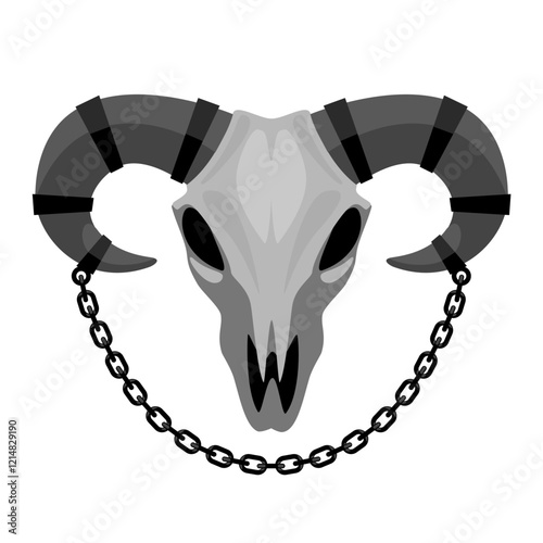 A ram's skull in shades of gray with an iron chain on its horns isolated on white. Vector illustration in cartoon flat style