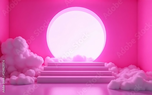 Pink neon atmospere room with a window steps and clouds, modern concep of stariway to heaven, blissfull enviroment and trending rooms. photo