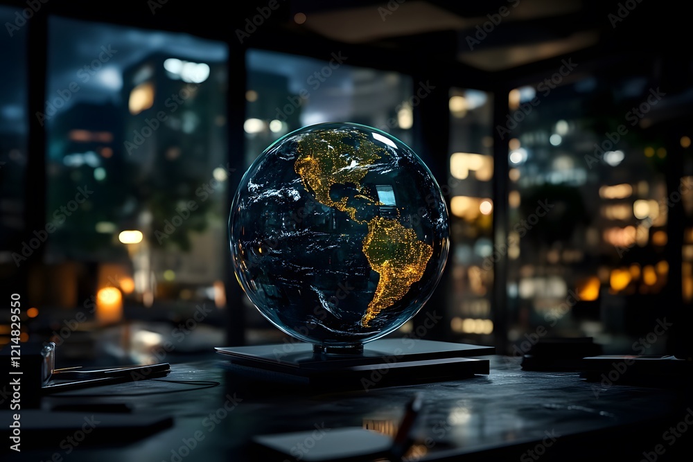 Glass globe on the table at night showing the Earth with green continents and blue oceans Glass globe on the table at night showing the Earth with green continents and blue oceans