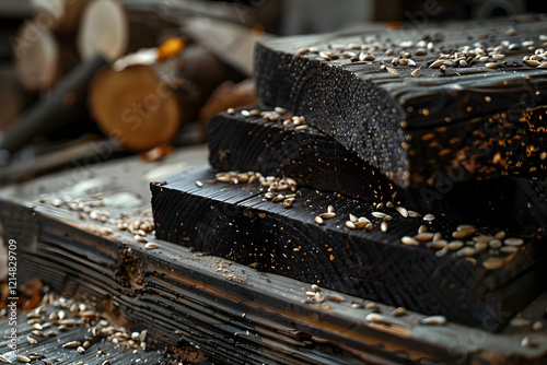 Dark Wooden Planks with Scattered Seeds Showcase Rustic Texture and Natural Materials in Close-up Detail