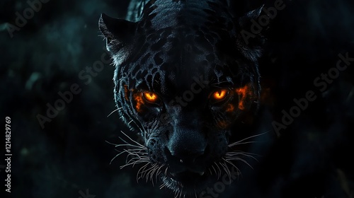 A menacing jaguar demon with glowing eyes prowling through the darkness