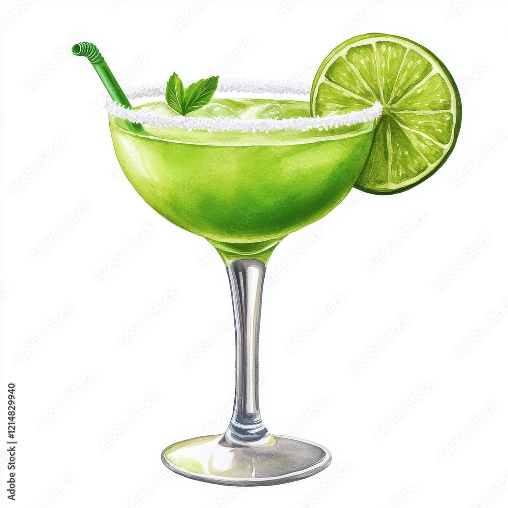 Fototapeta premium Refreshing Green Cocktail in Elegant Glass with Lime Slice and Straw