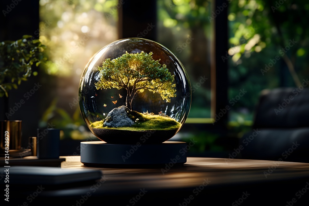 Glass globe on the table at night showing the Earth with green continents and blue oceans Glass globe on the table at night showing the Earth with green continents and blue oceans