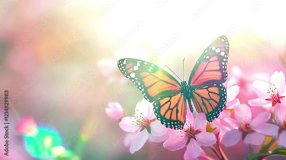 Butterfly flying in Enchanted spring flower field. Colorful Flower Plants, Sunlight, and Animated Butterflies - 4K Motion Graphic Looping Video Background, Wallpaper, and Backdrop Magical wildflowers