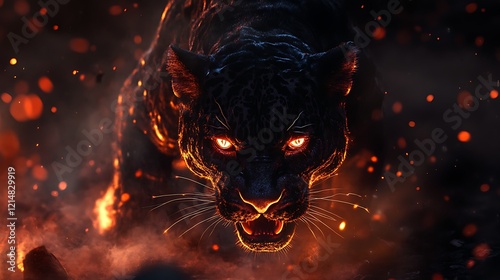 A menacing jaguar demon with glowing eyes prowling through the darkness