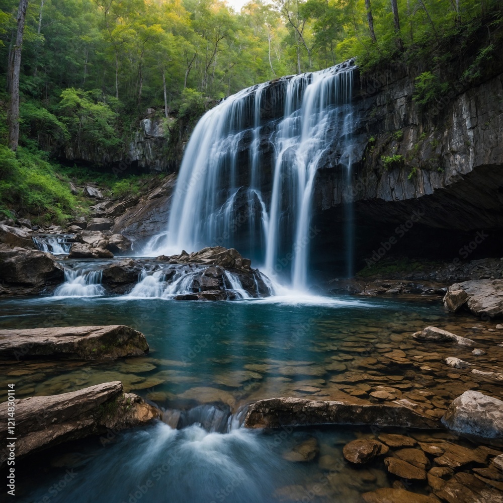 A breathtaking view of Serenity Falls, where the crystal-clear water falls gracefully from a high cliff, surrounded by a vibrant forest. A breathtaking view of Serenity Falls, where the crystal-clear water falls gracefully from a high cliff, surrounded by a vibrant forest.