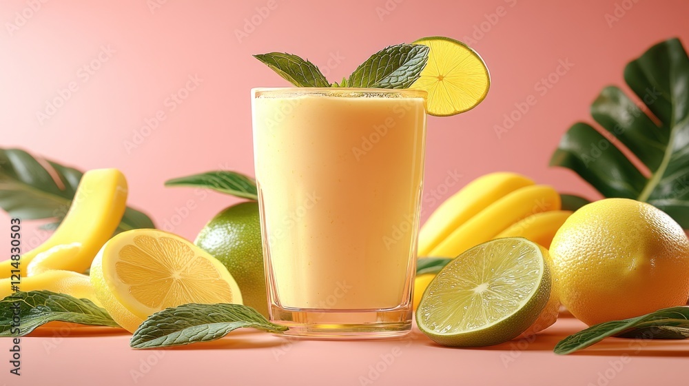 Fototapeta premium Tropical fruit smoothie, pink background, studio shot