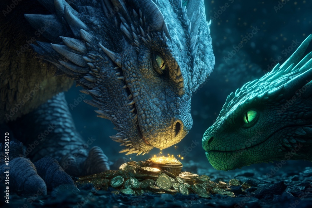 A mythical scene of a dragon guarding a glowing treasure, with another envious dragon lurking in the shadows, its green scales shimmering with jealousy
