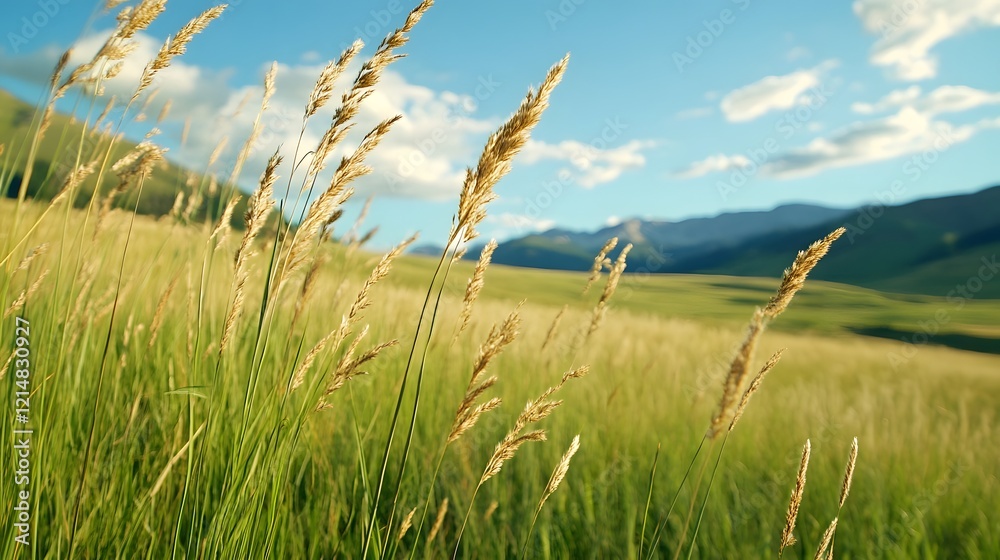 Fototapeta premium Sprawling prairie with tall grasses swaying under a blue sky with fluffy clouds