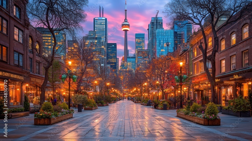 Fototapeta premium Toronto Distillery District dawn, cityscape, street