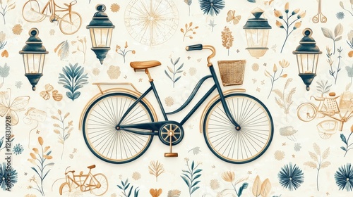 A vintage bicycle illustration surrounded by decorative elements such as flowers and lamps, perfect for leisure or artistic projects. photo