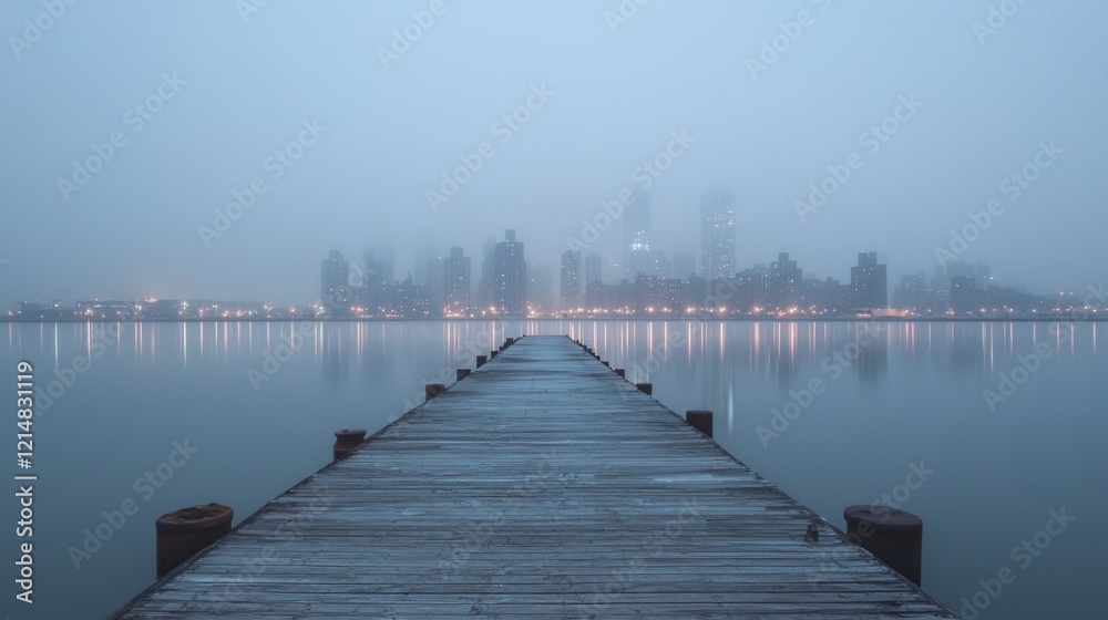 Naklejka premium Moody Urban Landscape: Gritty Industrial Pier at Dusk with City Skyline Reflection on Calm Waters - Cinematic Shot