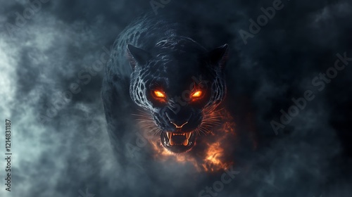 A demon shaped like a jaguar with fiery eyes appearing from dark fog photo