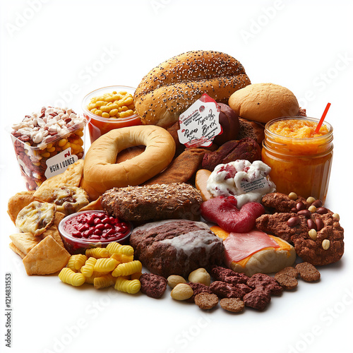 Saturated fat health effects. Metabolism foods. A display of unhealthy foods rich in saturated fats.