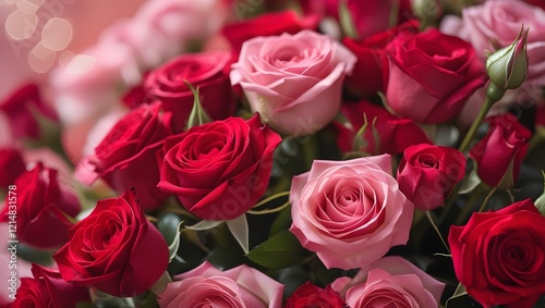 Beautiful pink and red roses background, close up. 