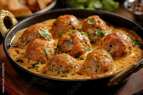 Meatballs in a rich creamy sauce, possibly inspired by Indian cuisine. The chicken meatballs are cooked to perfection and bathed in melted cheese.