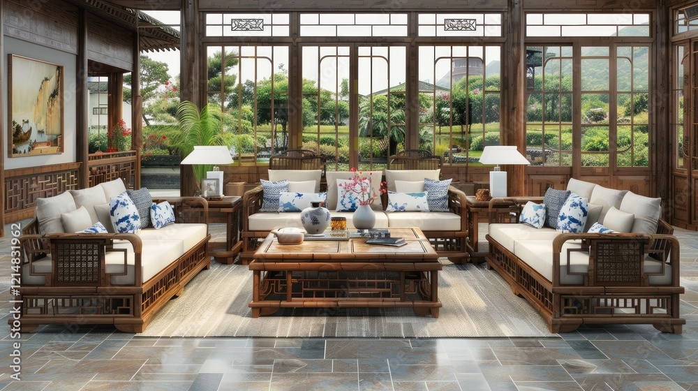 A round coffee table with rattan weaving is placed in the center of an elegant living room A round coffee table with rattan weaving is placed in the center of an elegant living room