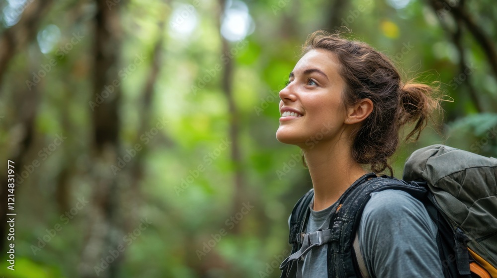 Happy hiker enjoying nature in a lush green forest. Happy hiker enjoying nature in a lush green forest.