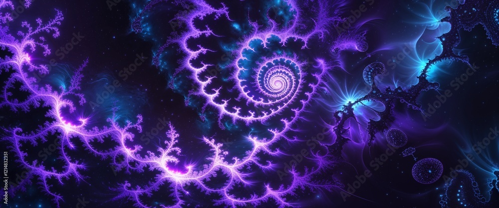 Bright fractal structures in radiant purple and blue swirling through deep cosmic darkness illustration background design Bright fractal structures in radiant purple and blue swirling through deep cosmic darkness illustration background design