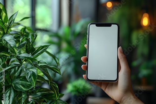 Hand holding a smartphone with a blank screen for communication and technology photo