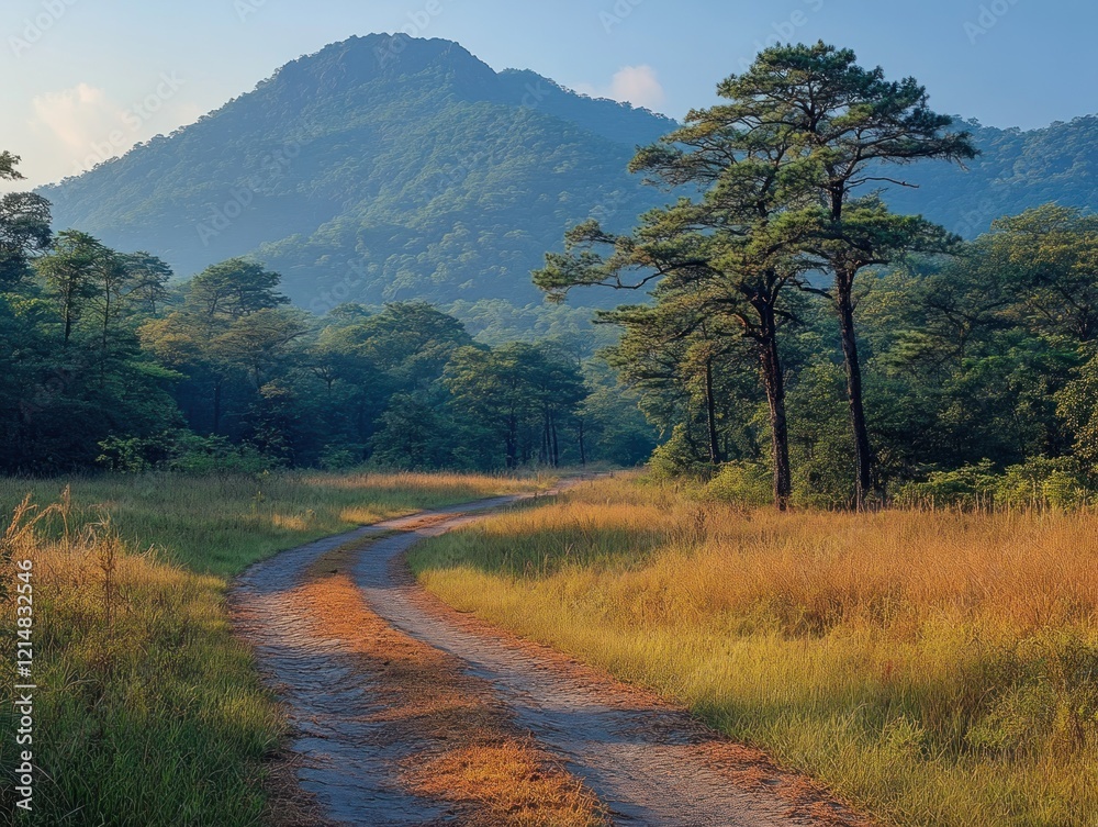 Winding Path Through Golden Meadow Leading to Lush Green Mountain View Winding Path Through Golden Meadow Leading to Lush Green Mountain View