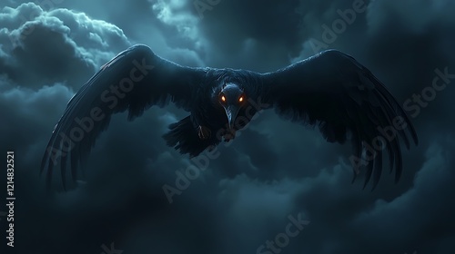 A monstrous vulture demon flying through dark clouds with glowing eyes