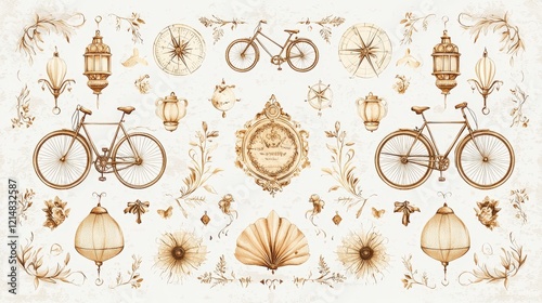A vintage-style illustration featuring bicycles, ornate decorations, and intricate patterns in warm tones, perfect for design projects or creative inspiration.