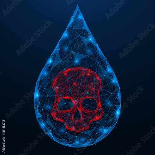 Poisoned liquid, a drop of poison. Polygonal design of interconnected lines and dots. Blue background.