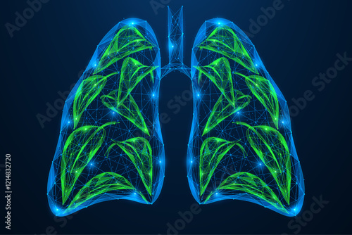 Clean air, fresh green leaves in human lungs. Polygonal design of interconnected lines and dots.