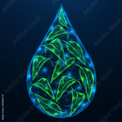 Clean water, a drop with fresh green leaves. Polygonal design of interconnected lines and dots. Blue background.