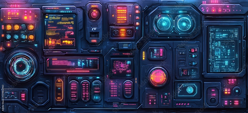 Futuristic control panel filled with glowing screens and buttons displaying complex data at night Futuristic control panel filled with glowing screens and buttons displaying complex data at night