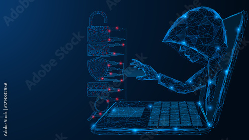 Hacker in a hood gets access to user data from a laptop screen. A polygonal drawing of interconnected lines and dots. Blue background.