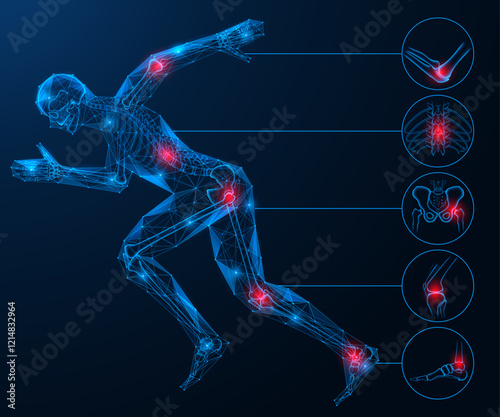 Running person, joint pain when moving. Polygonal design of interconnected lines and dots. Blue background.