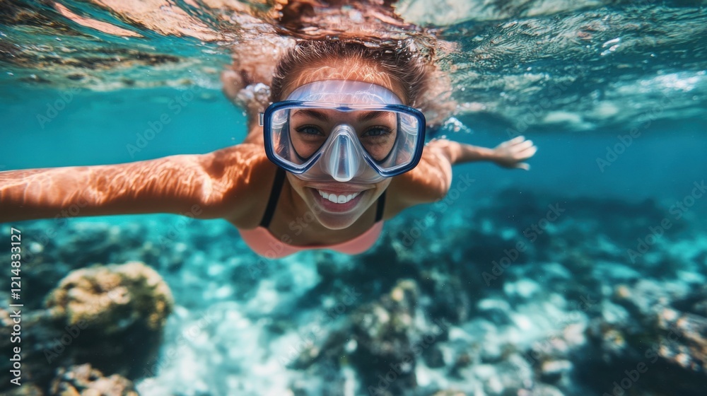 Naklejka premium Joyful woman snorkeling underwater in a vibrant coral reef.