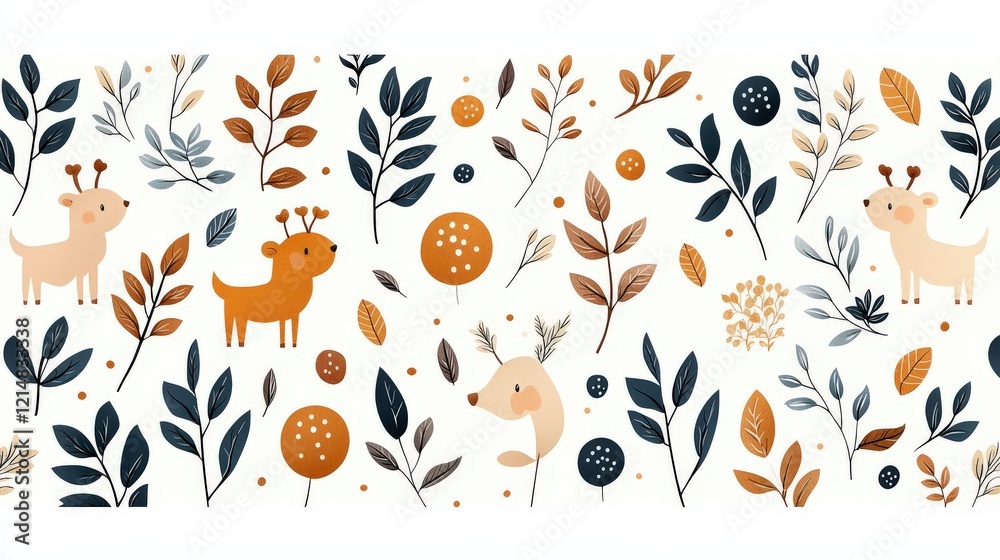 A whimsical pattern featuring playful deer, leaves, and berries, seamlessly blending nature's beauty with artistic charm in warm, earthy tones.