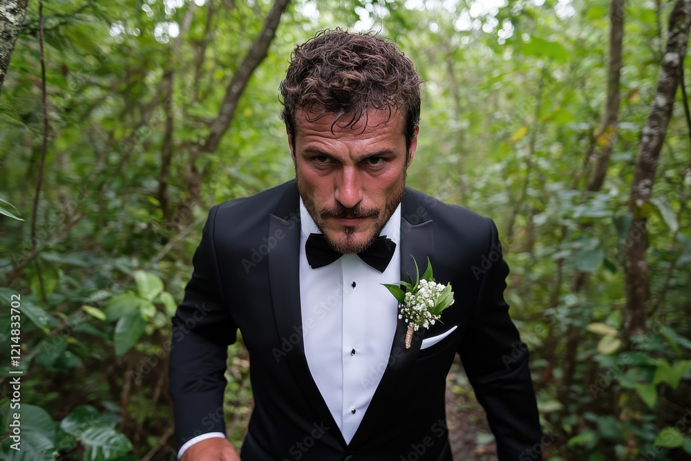 A fierce-looking man in a tuxedo runs through a green forest, symbolizing urgency and a powerful drive, merging elegance with untamed nature in a striking manner. A fierce-looking man in a tuxedo runs through a green forest, symbolizing urgency and a powerful drive, merging elegance with untamed nature in a striking manner.