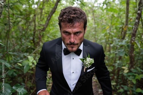 A fierce-looking man in a tuxedo runs through a green forest, symbolizing urgency and a powerful drive, merging elegance with untamed nature in a striking manner.