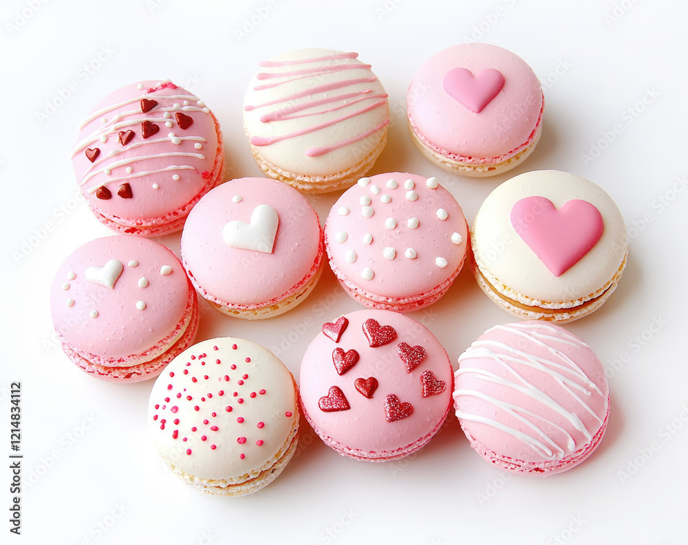 Obraz premium Pink Heart Macarons: A delightful assortment of pink and white macarons, delicately decorated with hearts and stripes, arranged in a charming circular pattern. Perfect for Valentine's Day, weddings.