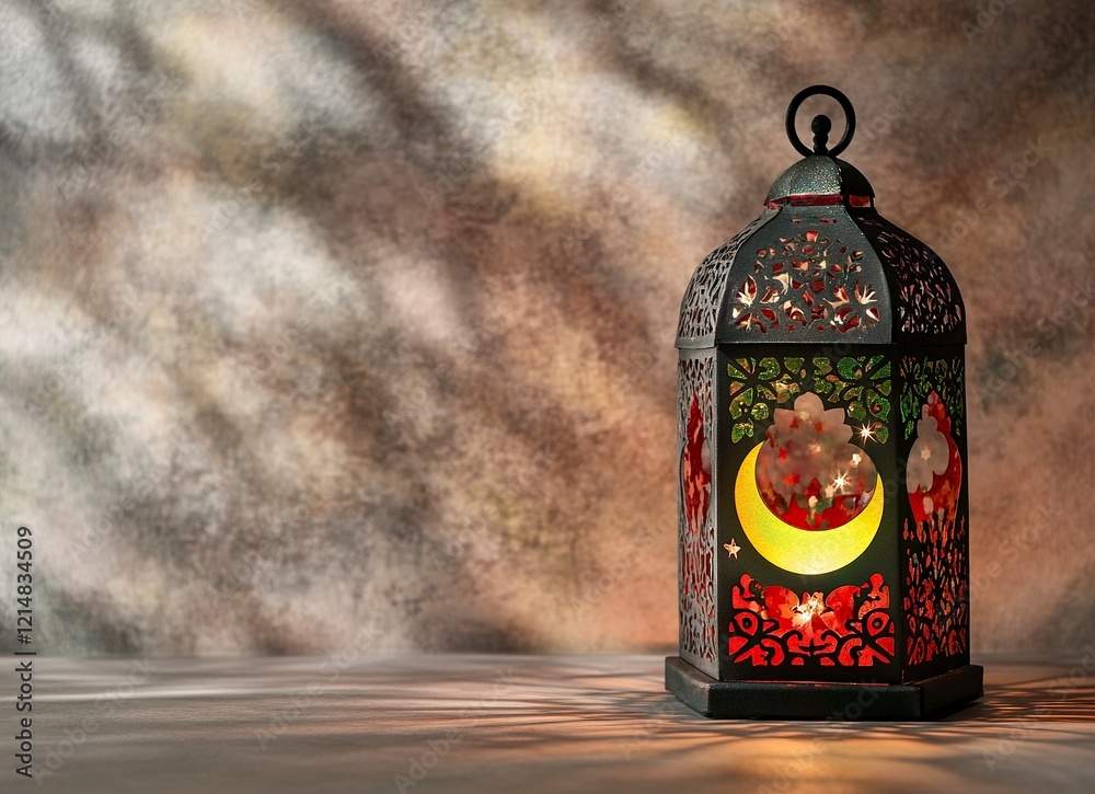 A Ramadan lantern with the crescent moon and glowing light inside, casting shadows on an isolated background for copy space. A Ramadan lantern with the crescent moon and glowing light inside, casting shadows on an isolated background for copy space.