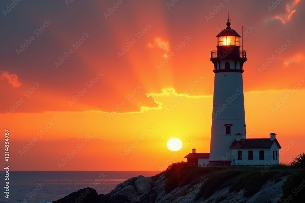 Towering lighthouse stands alone against a warm orange sky at sunset, coastal, horizon, ocean Towering lighthouse stands alone against a warm orange sky at sunset, coastal, horizon, ocean