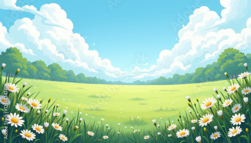 Scenic green meadow with flowers and blue sky, perfect for blogs, websites, and nature-related designs