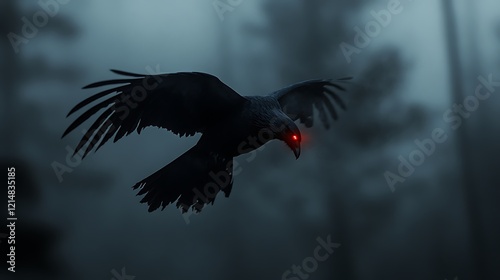 A horrifying crow demon flying through dark mist with its beak glowing red