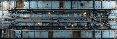 Detailed metallic spaceship surface with intricate piping and warm lights creating industrial scene photo