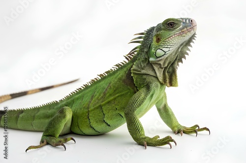 common green American iguana - Iguana iguana - is a large, arboreal, mostly herbivorous species of lizard Isolated on white background. Nuisance invasive photo