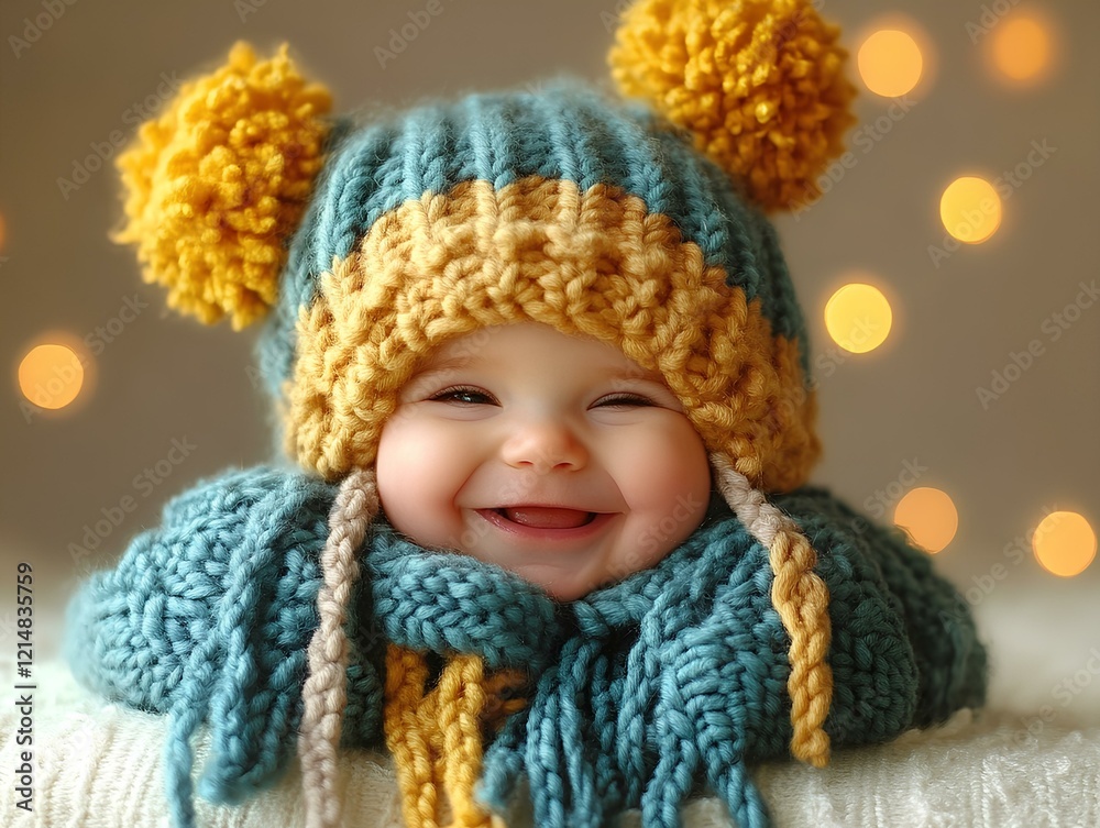 Cute baby laughing in a knitted hat and scarf Cute baby laughing in a knitted hat and scarf