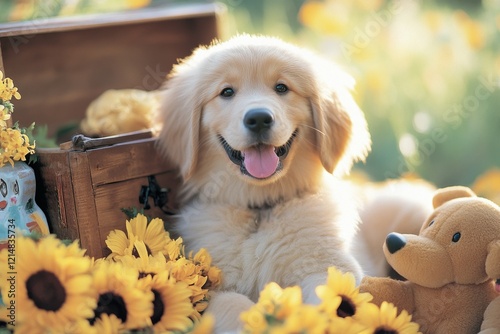 A playful dog running through a meadow, its tongue out and tail wagging, with bright flowers and grass framing the scene photo