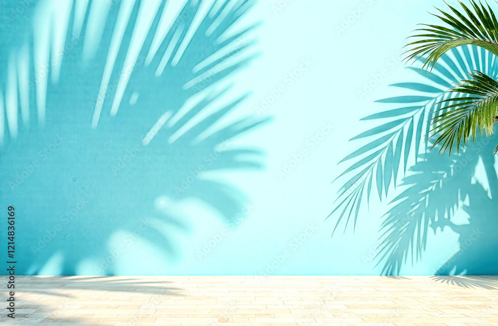 Bright turquoise wall with palm shadow creating a minimalist coastal vibe for creative design space Bright turquoise wall with palm shadow creating a minimalist coastal vibe for creative design space