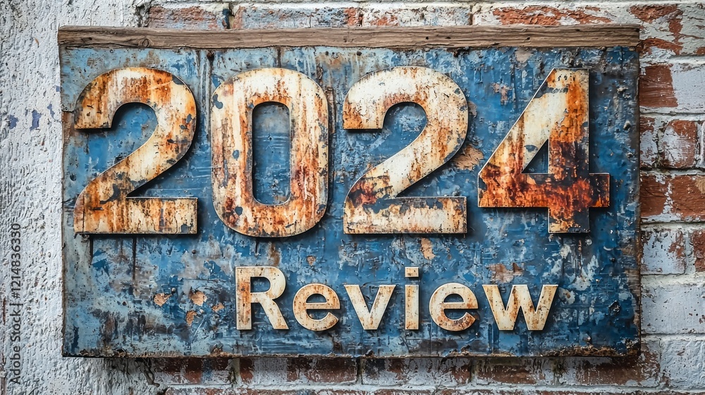 A weathered wooden sign displays the numbers 2024 alongside the word review, symbolizing reflection and change against a brick backdrop in a quaint urban locale A weathered wooden sign displays the numbers 2024 alongside the word review, symbolizing reflection and change against a brick backdrop in a quaint urban locale